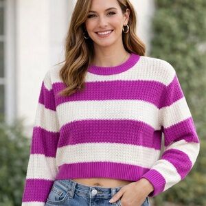 Striped Crew Neck Sweater in Pink and White